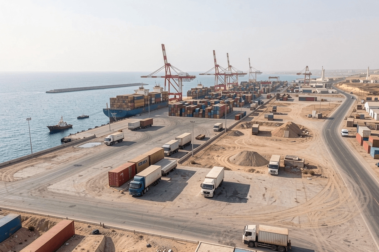 Illustrative port logistics activity showing containers, cranes, roads, and coastal trade infrastructure